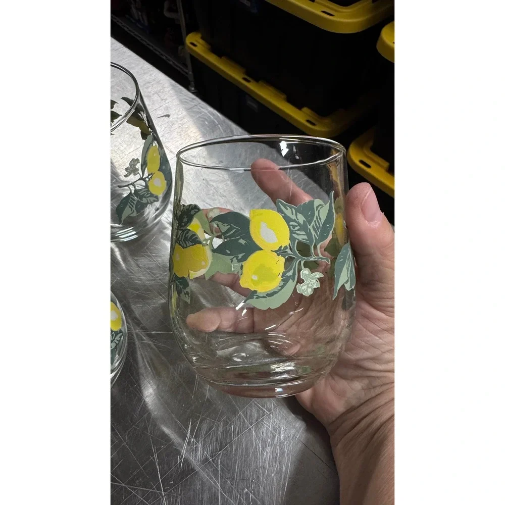Vtg Libbey Lemon Print Stemless Wine Glasses Set of 3 Citrus Fruit Tumblers 17oz